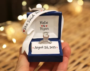 Engagement Ring Personalized Christmas Ornament, Engagement Ornament, We're Engaged, She Said Yes, Ring Box Ornament, Marry Me Ornament.