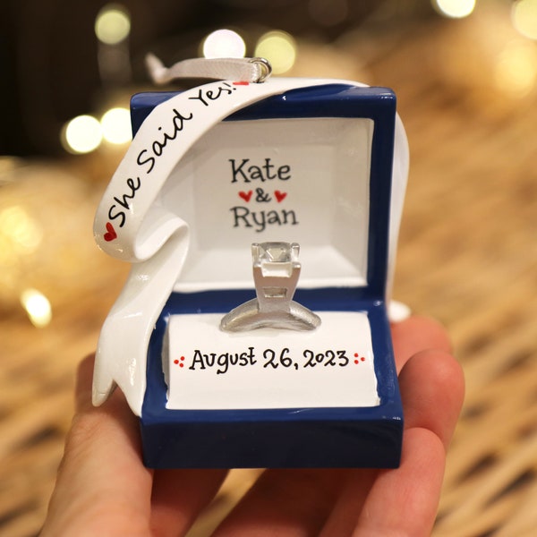 Engagement Ring Personalized Christmas Ornament, Engagement Ornament, We're Engaged, She Said Yes, Ring Box Ornament, Marry Me Ornament.