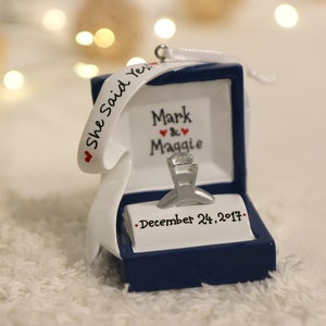 Engagement Couple Christmas Ornament, Engagement Gift, Custom Proposal Ornament, Engaged Couple, She Said Yes we are engaged marry me ornament blue ring box ornament, blue ring box ornament
