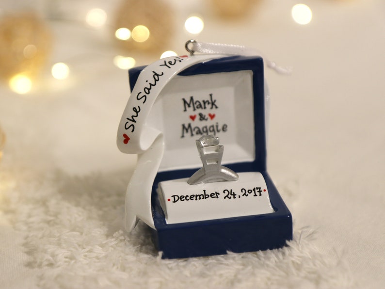 Engagement Couple Christmas Ornament, Engagement Gift, Custom Proposal Ornament, Engaged Couple, She Said Yes we are engaged marry me ornament blue ring box ornament, blue ring box ornament