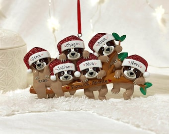 Familie van luiaard van 6 gepersonaliseerde kerstversiering, 6 familieornament, kerstornament luiaard, kerstcadeau familie, samen rondhangen.