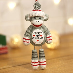 Sock Affe personalisierte Weihnachten Ornament, Baby erste Weihnachten Ornament, neues Baby Ornament, Geschenk für Kinder, Baby erste Ornament.
