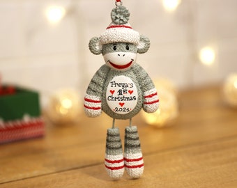 Sock Monkey Personalized Christmas Ornament, Baby First Christmas Ornament, New Baby Ornament, Gift for Kids, Baby First Ornament.