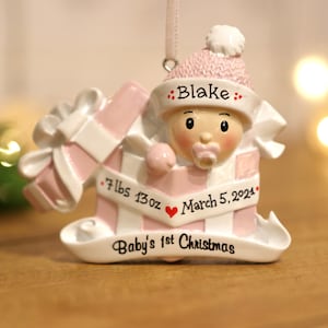 Baby Girl in Pink Present Personalized Christmas Ornament, Baby First Christmas Ornament, Baby&#39;s 1st Christmas, New Baby Ornament.