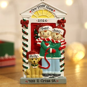 Couple with Dog Personalized Christmas Ornament, Our First Home Ornament, Home Door Personalized Ornament, First Christmas Together.