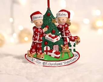 Couple in Christmas Pajamas Personalized Christmas Ornament, Our First Christmas Together, Couple Decorating Christmas Tree Ornament.