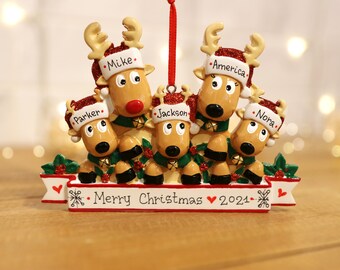 Rendierfamilie van 5 gepersonaliseerd kerstornament, aangepast familieornament herten voor kerstmis, familie van vijf ornamenten.
