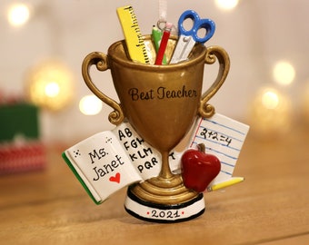 Teacher Trophy Personalized Christmas Ornament, Best Teacher Ornament, Custom Name Ornament, Gift for Teacher