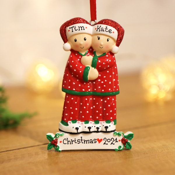 Pajama Family of 2 Personalized Christmas Ornament, Couple in Christmas Pajamas Ornament, Our First Christmas, First Christmas Engaged.