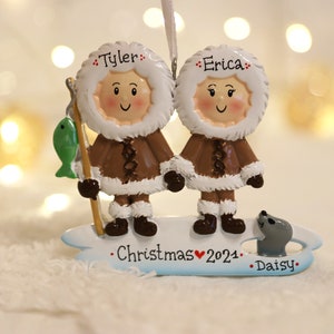 Eskimo Family of 2 Personalized Christmas Ornament, Couple with Pet Ornament,