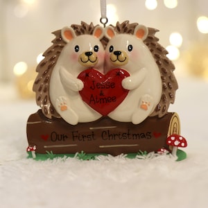 Hedgehog Family of 2 Personalized Christmas Ornament, Hedgehog Couple Ornament, Our First Christmas,  Engaged Ornament, Just Married.