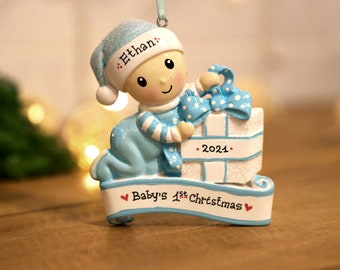 Baby Boy with Blue Present Ornament, Baby's First Christmas Ornament, Personalized Christmas Ornament, New Baby Ornament.