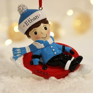 Boy Snow Tubing Personalized Christmas Ornament, Sledding Ornament, Little Boy on Snow Tube Ornament, Tobogganing Child Ornaments.