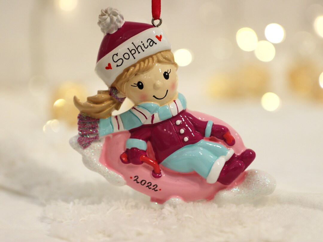 Girl Snow Tubing Personalized Christmas Ornament, Sledding Ornament, Little Girl on Snow Tube