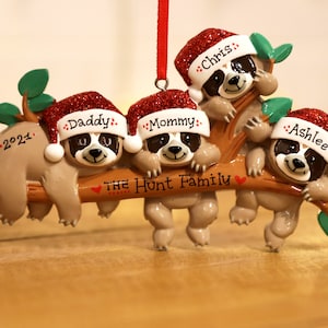 Sloth Family of 4 Personalized Christmas Ornament, 4 Family Ornament, Sloth Christmas Ornament, Family Christmas Gift, Hanging Together.