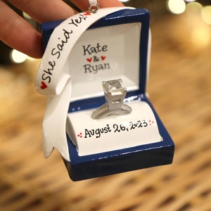 Engagement Ring Personalized Christmas Ornament, Engagement Ornament, We're Engaged, She Said Yes, Ring Box Ornament, Marry Me Ornament. image 4