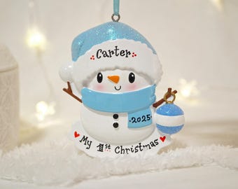 Baby Boy Snowman Personalized Christmas Ornament, Baby First Christmas Ornament, New Baby Ornament, Baby Boy Ornament.
