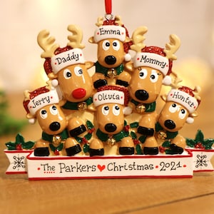 Reindeer Family of 6 Personalized Christmas Ornament, 4 Kids Family Ornament, Custom Ornament for Christmas, Family and Pet Ornaments.