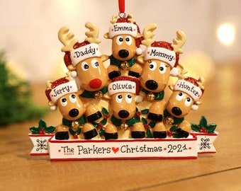 Reindeer Family of 6 Personalized Christmas Ornament, 4 Kids Family Ornament, Custom Ornament for Christmas, Family and Pet Ornaments.