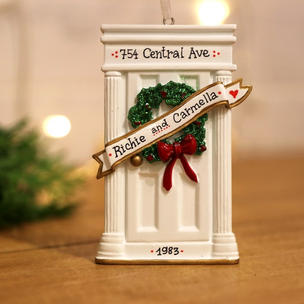 White Home Door Personalized Christmas Ornament, First Home Ornament, New Home Ornament, Door with Wreath, Our New House, First Apartment.