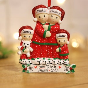 Pajama Family of 4 Personalized Christmas Ornament, 4 Family Ornament, Family with 2 Kids Christmas Ornament, Family of Four Christmas Gift.