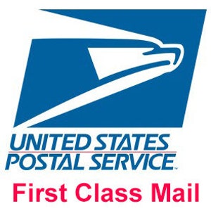May include: United States Postal Service logo with the text "First Class Mail" in red.