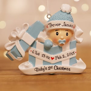 Baby Boy in Blue Present Ornament, Baby First Christmas Ornament, Personalized Christmas Ornament, New Baby Ornament