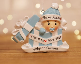Baby Boy in Blue Present Ornament, Baby First Christmas Ornament, Personalized Christmas Ornament, New Baby Ornament