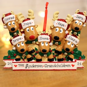Reindeer Family of 7 Personalized Christmas Ornament, 5 Kids Family Ornament, Custom Ornament for Christmas, Grandkids Ornament.