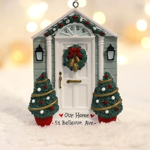 White Home Door Personalized Christmas Ornament, New Home Ornament, Door with Wreath, Our First Home, House Christmas Ornament.