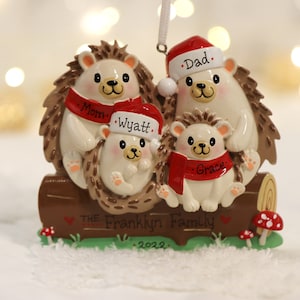 Hedgehog Family of 4 Personalized Christmas Ornament, Family with 2 Kids Ornament, Hedgehog Ornament, Family of Four Christmas Gift.