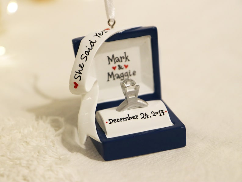 Engagement Ring Personalized Christmas Ornament, Engagement Ornament, We're Engaged, She Said Yes, Ring Box Ornament, Marry Me Ornament. image 5