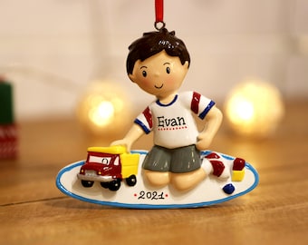 Boy Playing with Truck Personalized Christmas Ornament, Boy Ornament, Custom Name, Toddler Ornament, Children Gifts.