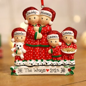 Pajama Family of 5 Personalized Christmas Ornament, 5 Family Ornament, Family with 3 Kids Christmas Ornament, Family Christmas Gift.