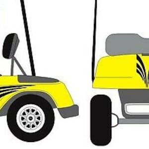 Puede incluir: Un carrito de golf amarillo con detalles en negro y una rueda negra. El carrito tiene un asiento negro y un volante. La imagen incluye un cuadrado rojo con el texto "3M Vinyl".