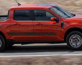 May include: A red Ford Maverick pickup truck with black side graphics that say "Ford Maverick".