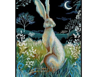 Rabbit Hare Moon Night Garden Animals Counted Cross stitch Instant Download PDF Pattern
