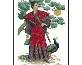 Mighty Man Samurai Japanese Kimono Peacock Counted Cross stitch Instant Download PDF Pattern