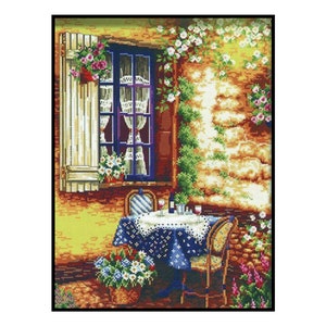 Terrace Balcony Window Table Flowers Plants Garden Counted Cross stitch Instant Download PDF Pattern