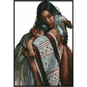 May include: A painting depicting a Native American woman holding a child close. The woman is wearing a traditional dress with intricate patterns and a feather headdress. The child is wearing a white and red patterned garment. The painting is executed in a realistic style, highlighting the emotional bond between mother and child.