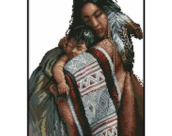 American Indian Native Soft Care Mother Child Counted Cross stitch Instant Download PDF Pattern