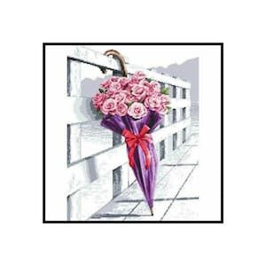 Purple Umbrella Pink Rose Flowers Counted Cross stitch Instant Download PDF Pattern