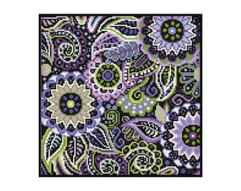 Mandala Art abstrait fleurs violettes plantes oreiller coussin broderie point de croix compté téléchargement instantané modèle PDF