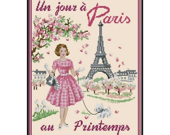 Four Seasons Lady Paris Spring Printemps Counted Cross stitch Instant Download PDF Pattern