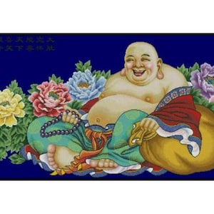 Blessings Chinese Lucky Family Laughing Buddha Counted Cross stitch Instant Download PDF Pattern