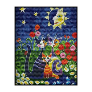 Colourful Cats Kitten Family Flowers Animation Counted Cross stitch Instant Download PDF Pattern