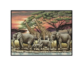 African Wildlife Animals Sunset Counted Cross stitch Instant Download PDF Pattern