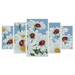 White Daisies Flowers Lady Bug Counted Cross stitch Instant Download PDF Pattern