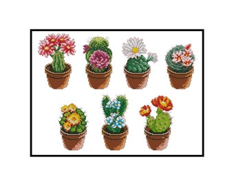 サボテン、多肉植物、花、自然鉢植えのクロスステッチ、PDFパターンの即時ダウンロード