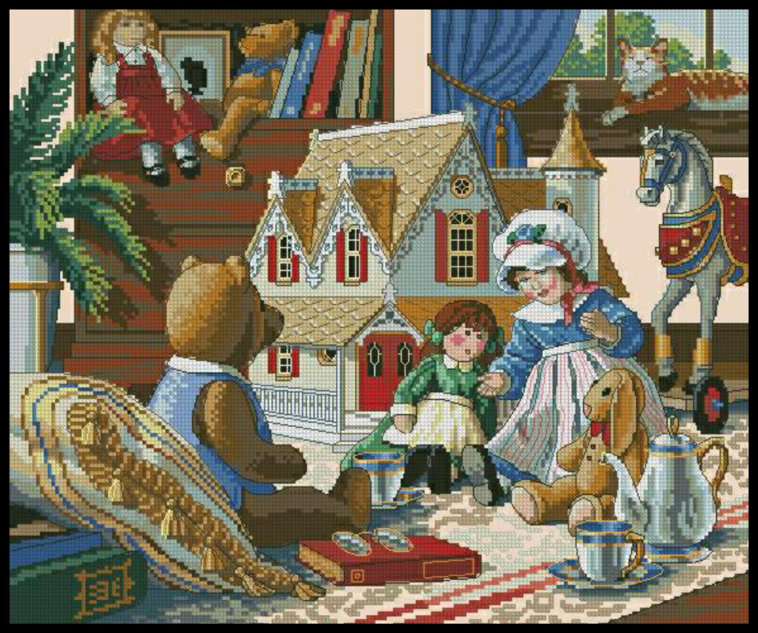 Dollhouse Tea Party Doll Stuff Toys Counted Cross Stitch Instant